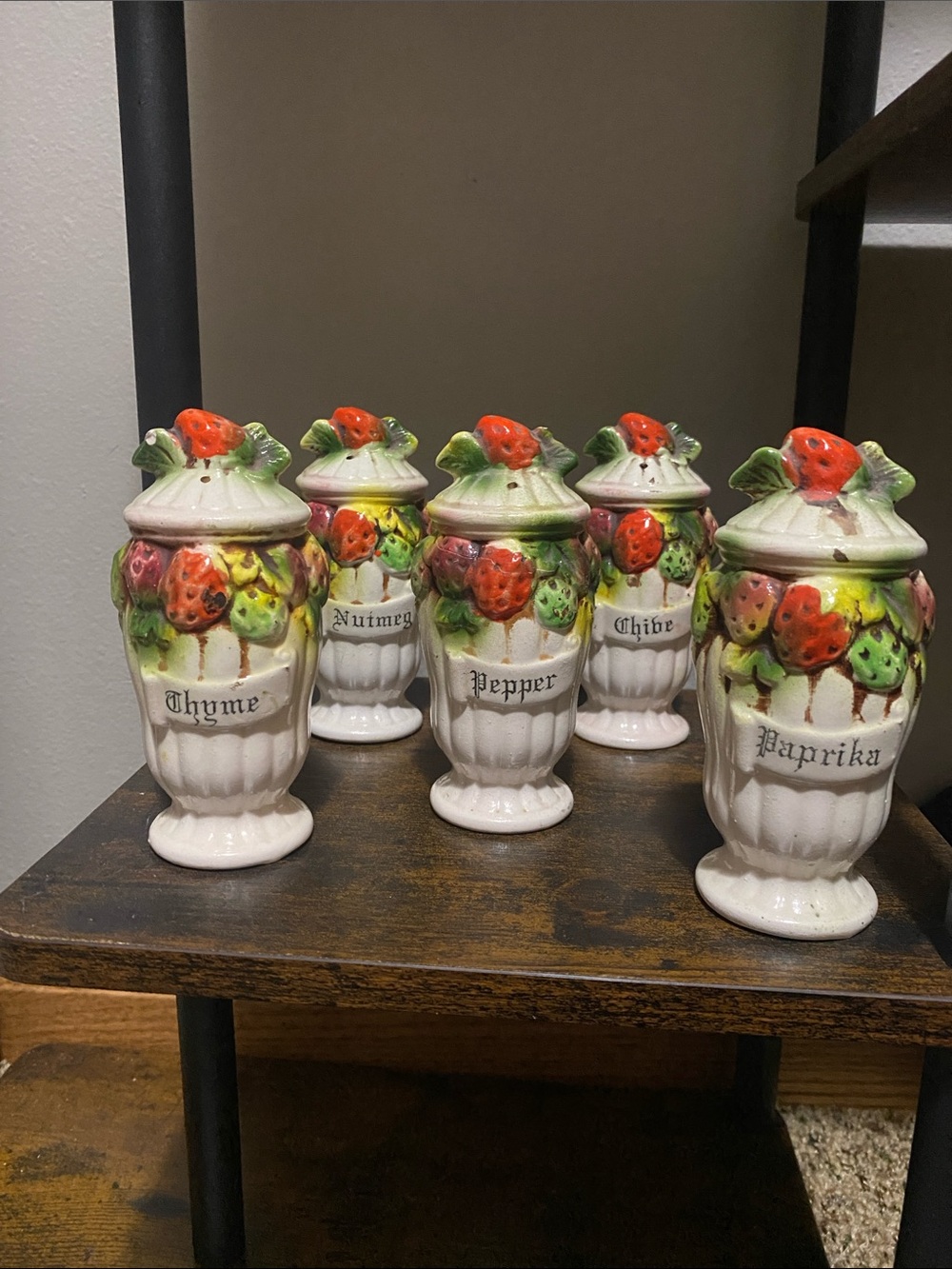Rare Antique Ceramic Spice Jar Set - Strawberry theme